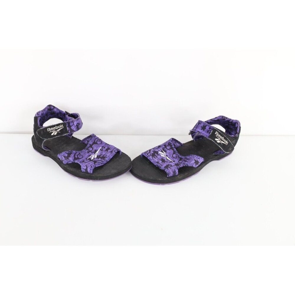 Vintage 90s Reebok Mens 10 Distressed Spell Out Strap Sandals Geometric Purple